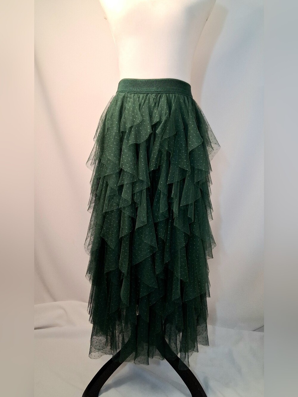 Anthropologie Cheri Tulle Midi Skirt Layered Emerald Green XSP